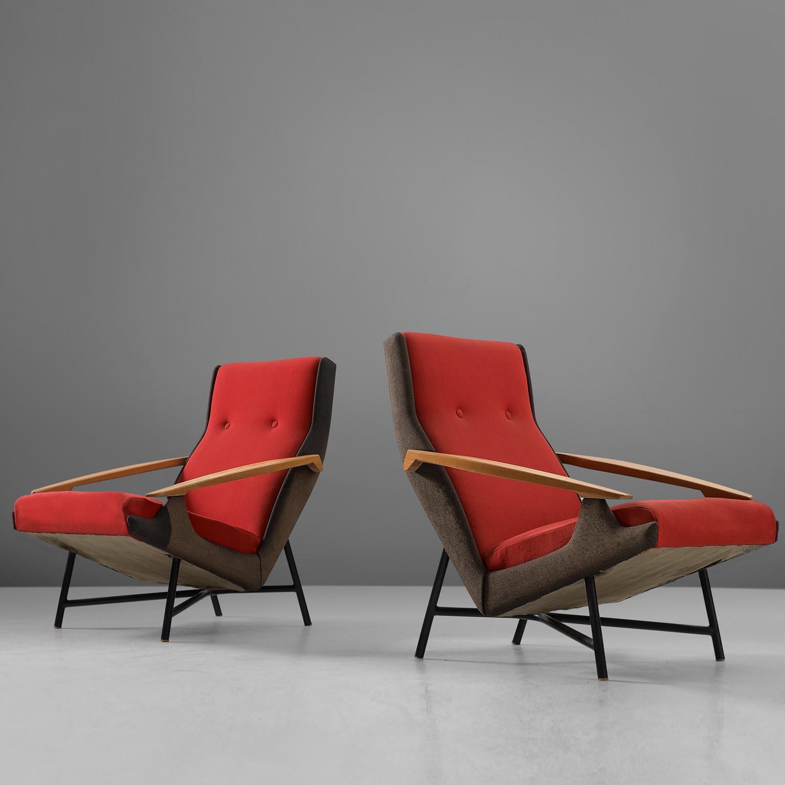 Set of two lounge chairs, in beech, metal and fabric, by Claude Vassal, France, 1950s. 

A pair of modern armchairs in black and red upholstery. These chairs show an interesting combination of materials and get therefore their unique appearance. The
