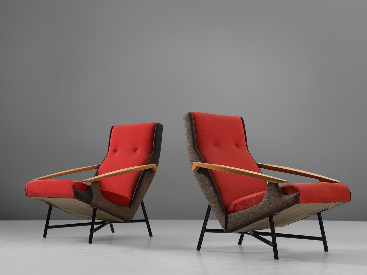 French Claude Vassal Pair of Lounge Chairs in Duo-Tone Upholstery  For Sale