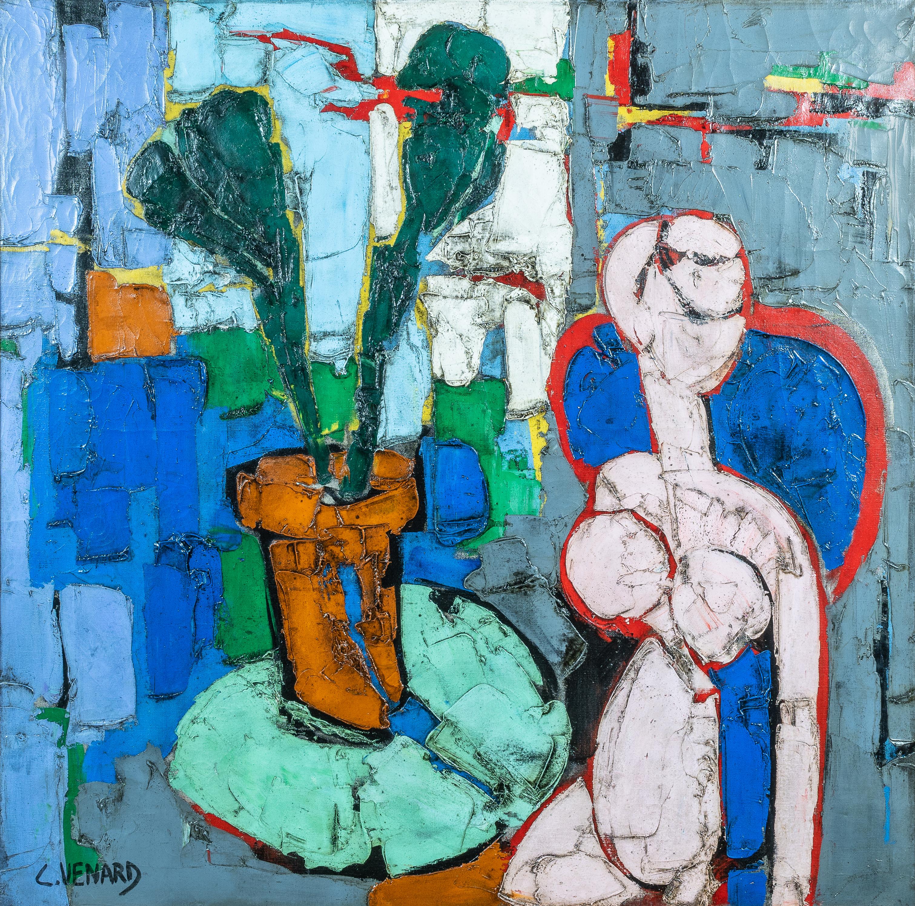 'Abstract Nude' 20th Century colourful painting of a figure, table & green plant - Painting by Claude Vénard