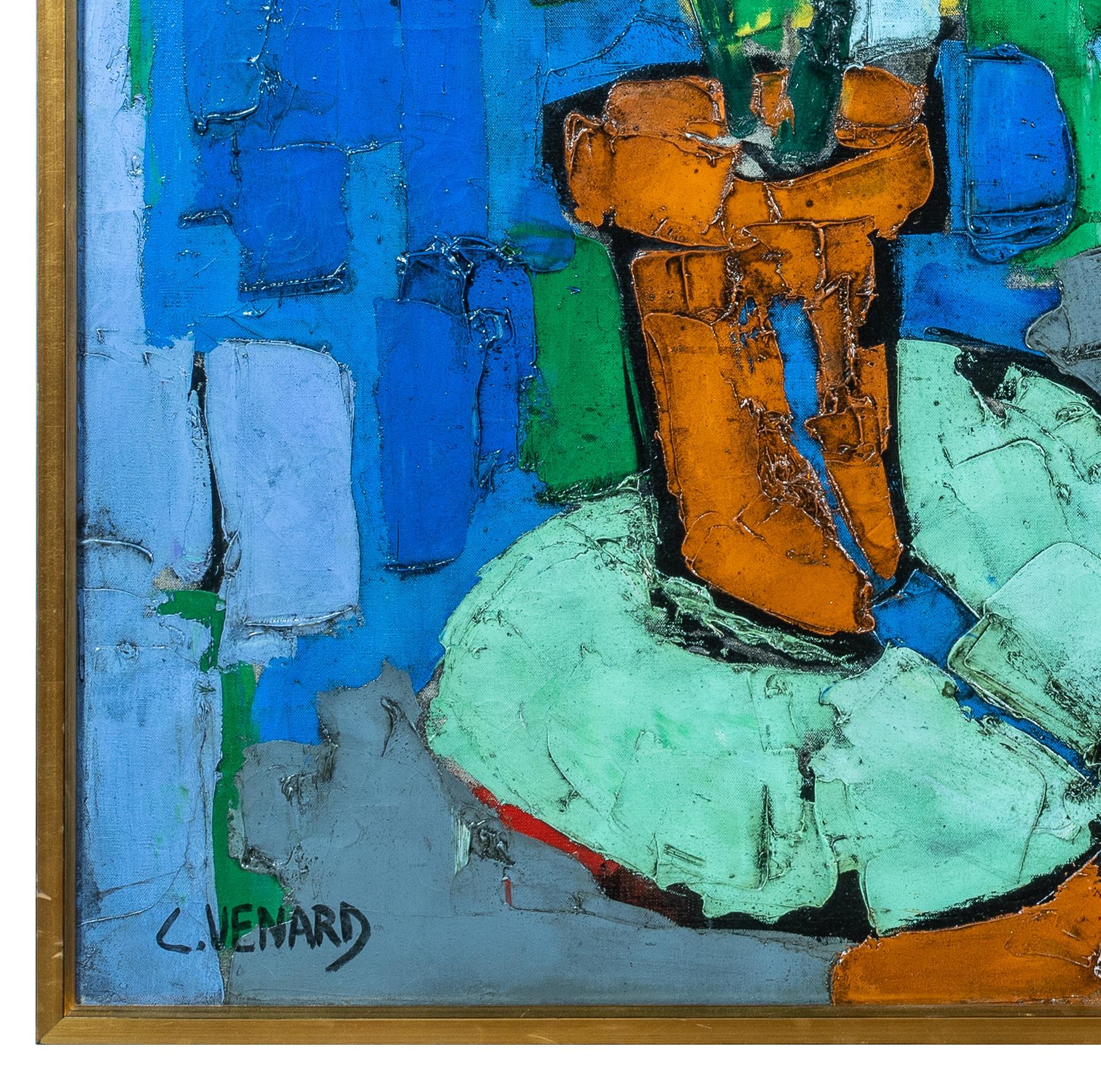 'Abstract Nude' 20th Century colourful painting of a figure, table & green plant 1