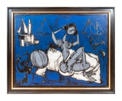 Peinture abstraite post- cubiste d'un nu sur une plage  « The Bather », bleu et blanc  