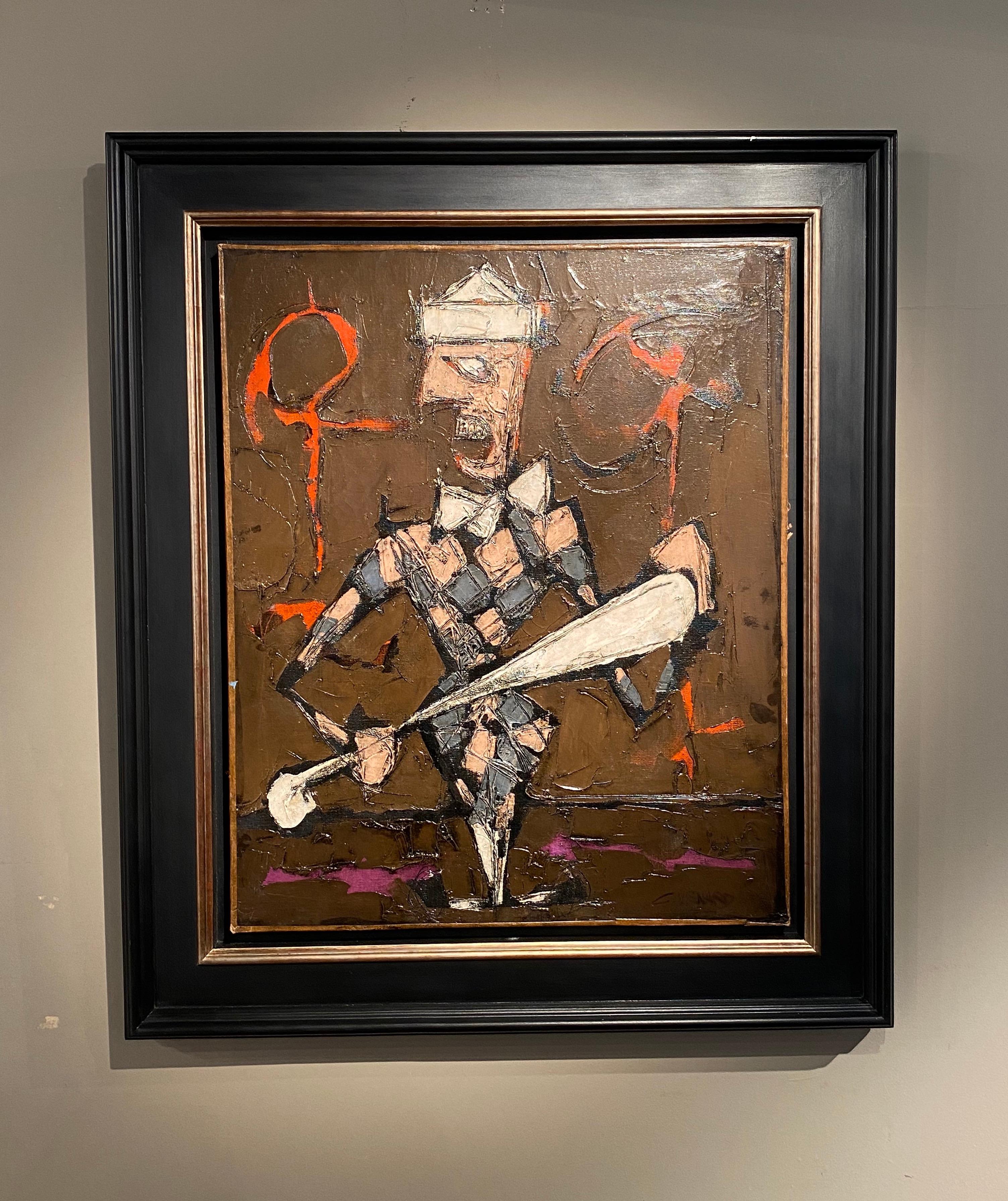 Claude Vénard Abstract Painting - 'Arlequin' Figurative Clown Abstract painting, checkerboard, purple & dark