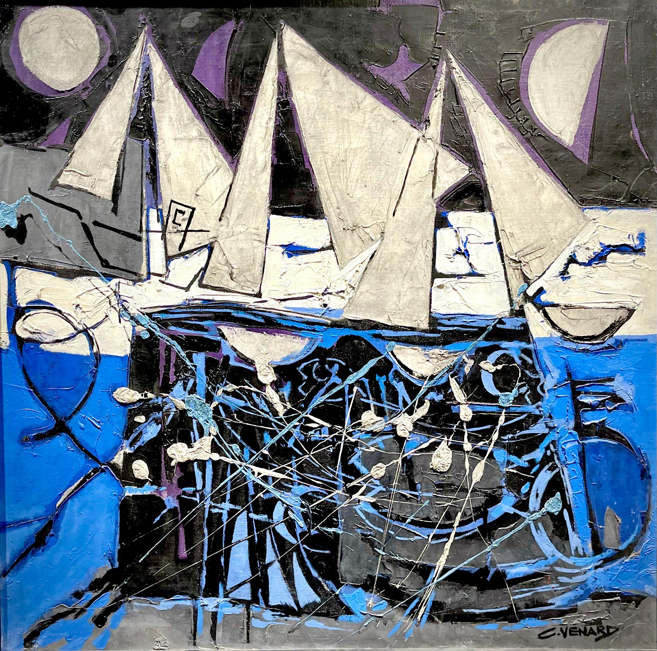 Schönes und großes Gemälde in Öl auf Leinwand, Komposition in Blau, von Venard – Painting von Claude Vénard
