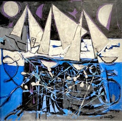 Beautiful and big oil on canvas painting Composition in Blue colors by Venard 