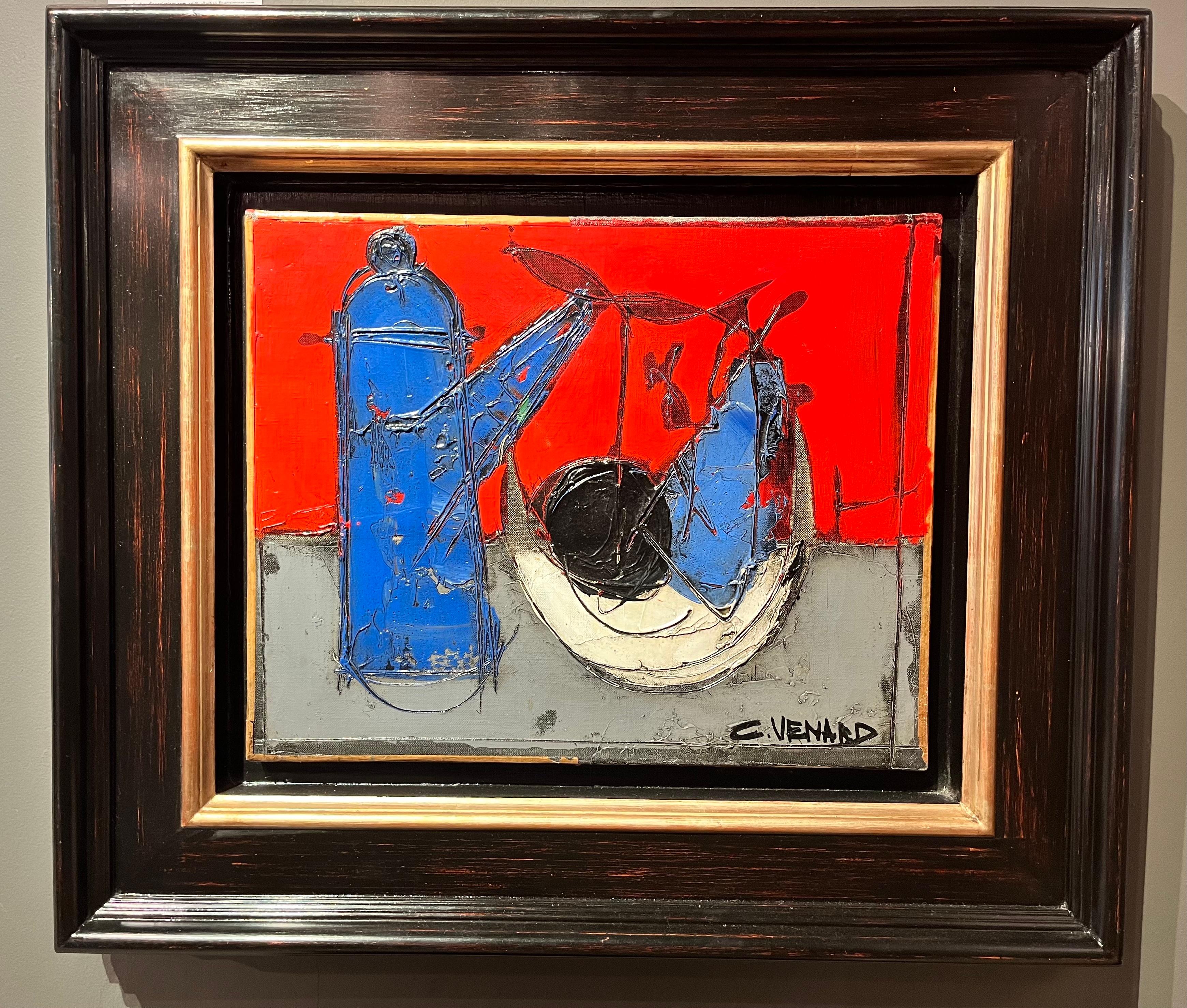 'Bleu et Rouge' Colourful 20th century abstract still life painting, red & blue  - Painting by Claude Vénard
