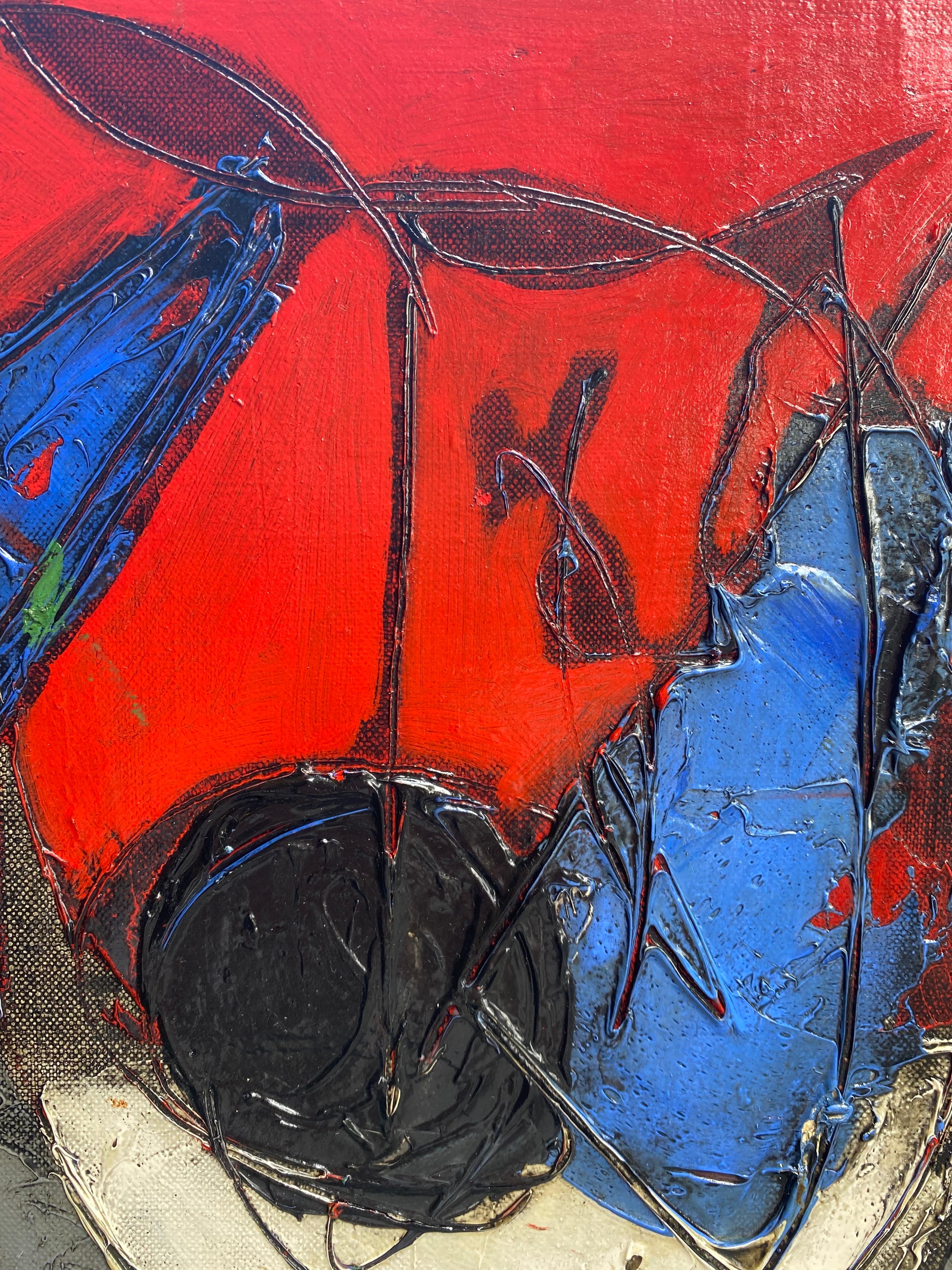 'Bleu et Rouge' is a bold and vibrant painting from the mid-period of Venard''s painting career. You can tell this by looking at the impasto of the piece, the thick layers of paint are scratched into by the painter brush (later works he used a black