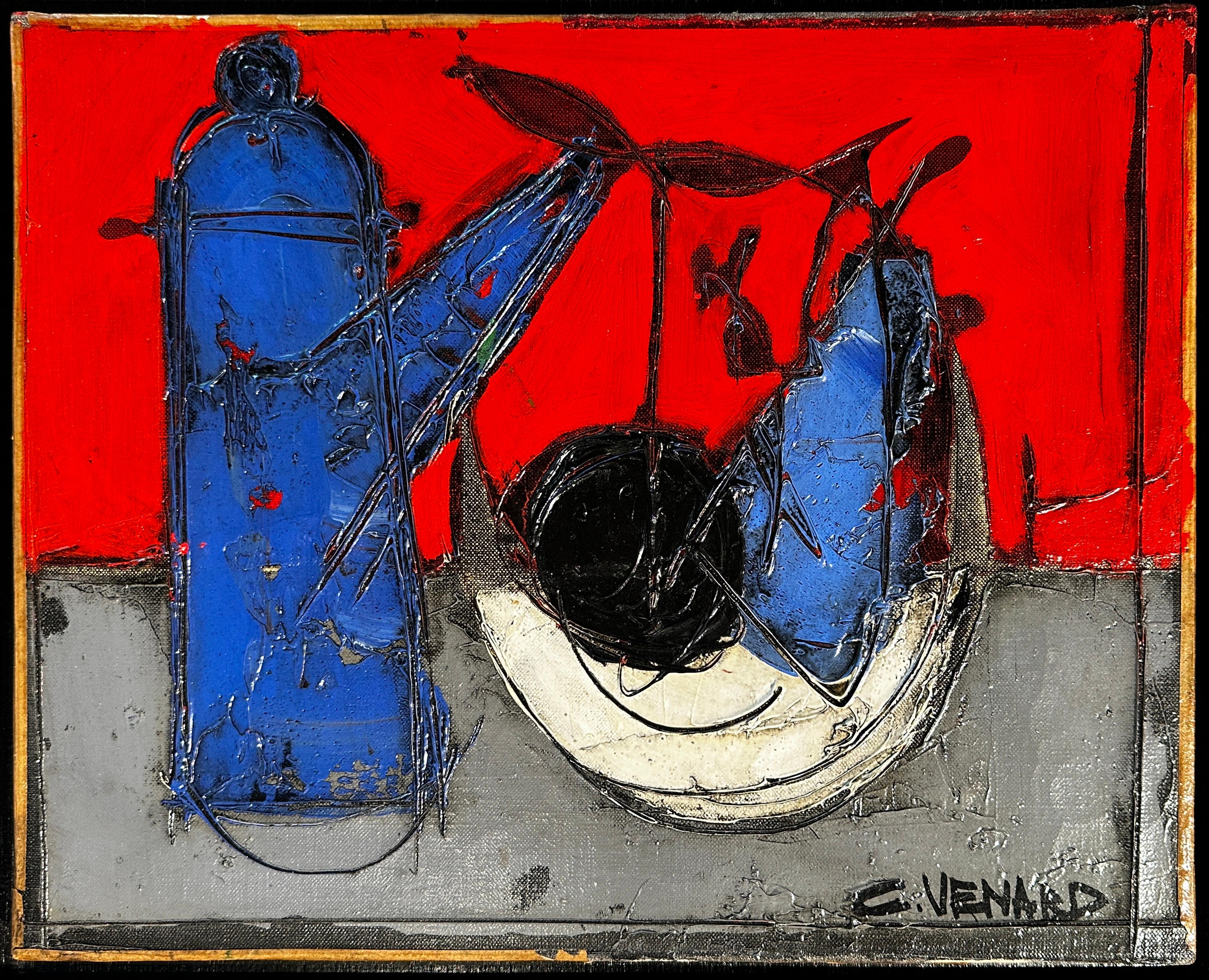 Claude Vénard Abstract Painting - 'Bleu et Rouge' Colourful 20th century abstract still life painting, red & blue 