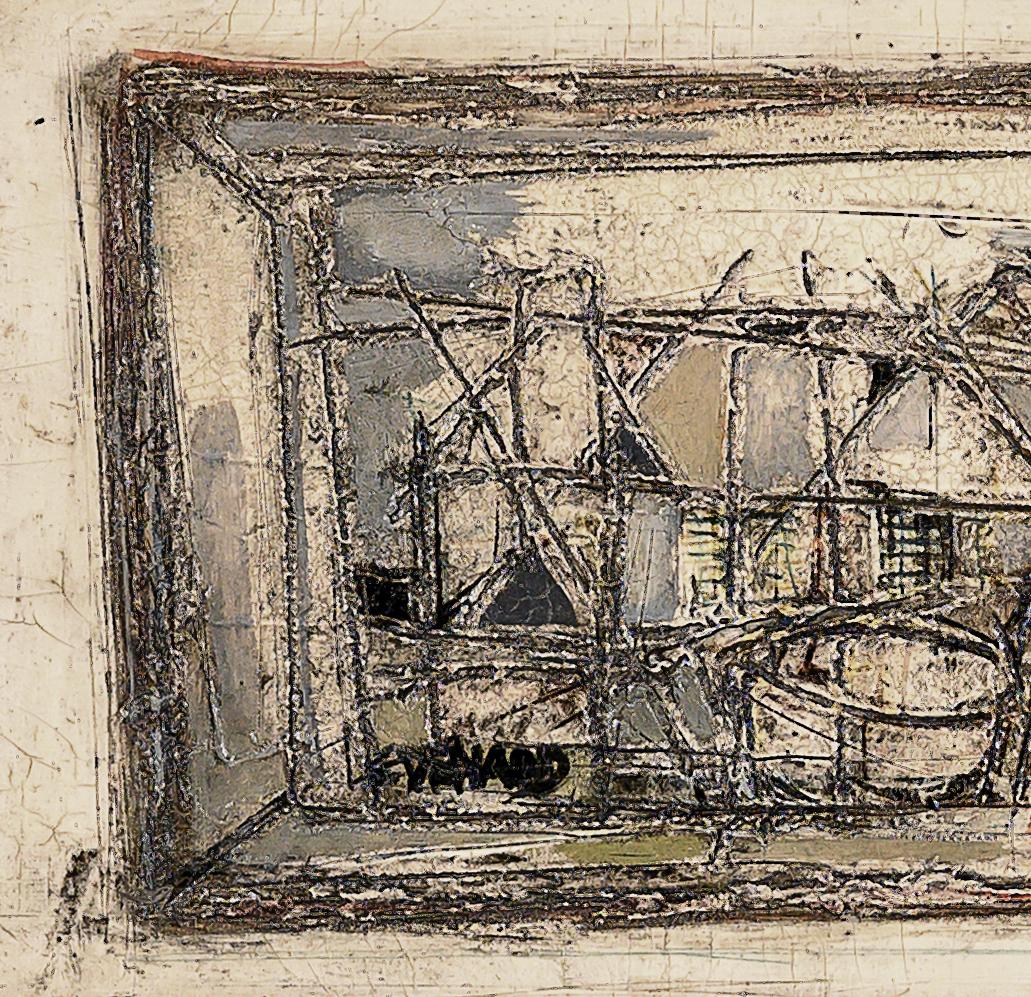 'Barche nel porto' Quadro astratto del XX secolo con barche, vele, paesaggio - Painting Astratto di Claude Vénard