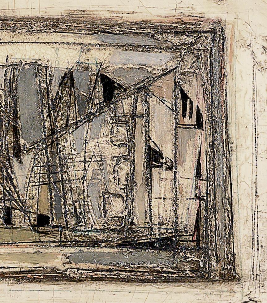 'Barche nel porto' Quadro astratto del XX secolo con barche, vele, paesaggio - Landscape Painting Marrone di Claude Vénard