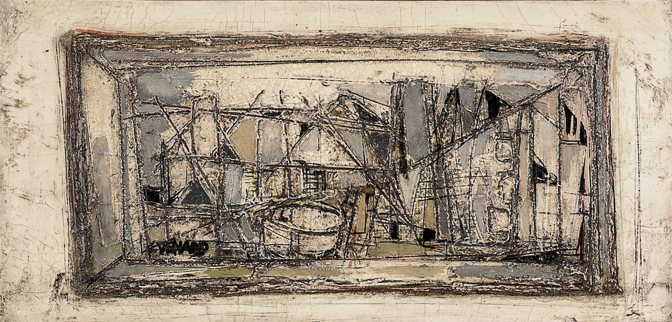 Landscape Painting di Claude Vénard - 'Barche nel porto' Quadro astratto del XX secolo con barche, vele, paesaggio
