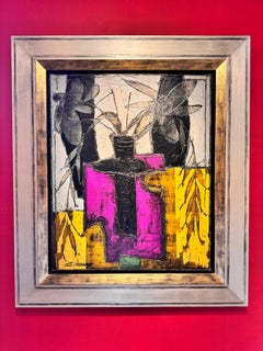 Bouquet, Pot Noir Abstract Still Life painting of flowers, purple, yellow