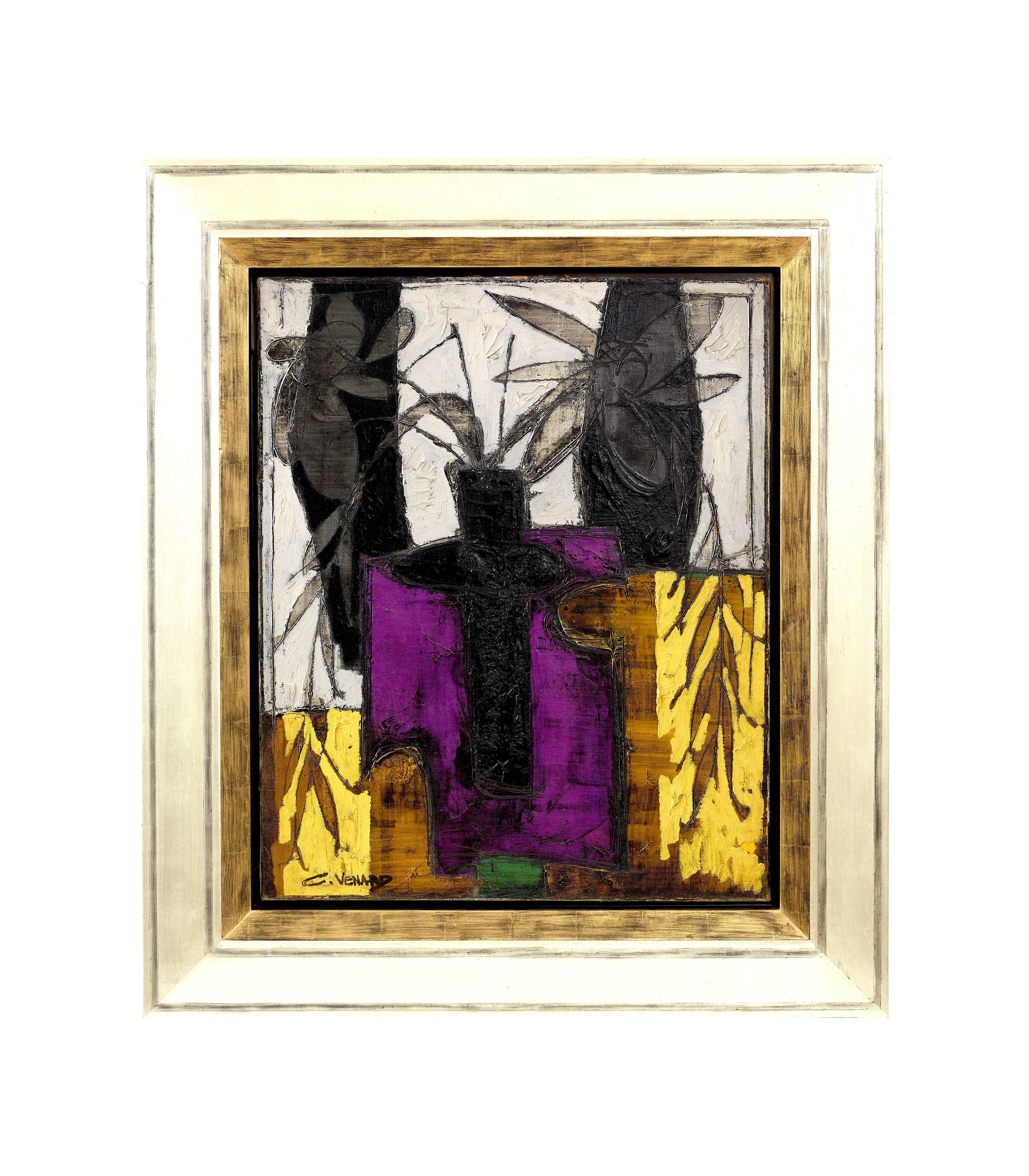Claude Vénard Still-Life Painting - Bouquet, Pot Noir Abstract Still Life painting of flowers, purple, yellow