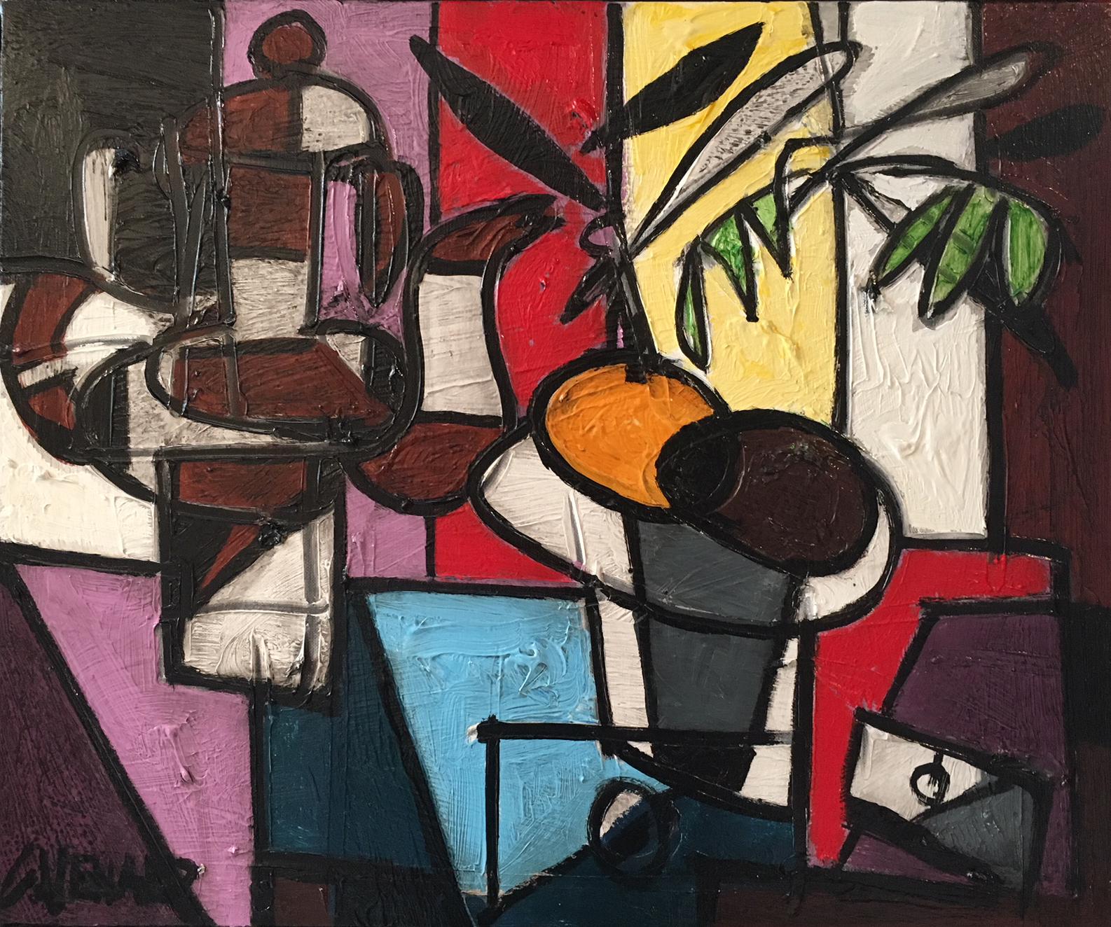 Claude Vénard Abstract Painting - Cubist Still Life Painting by Claude Venard 'Cafetiere avec des Fruits' 