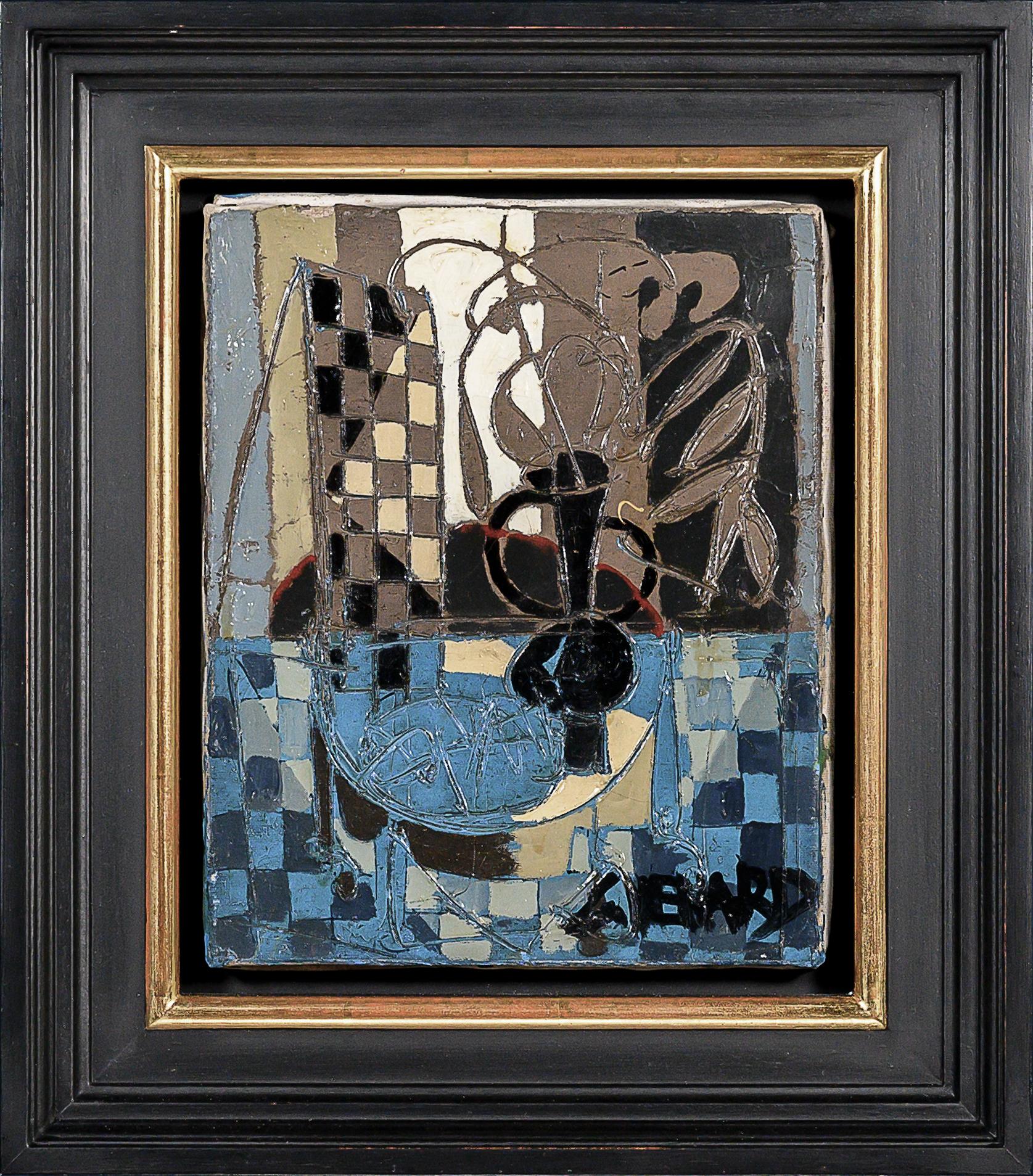 'Composition Bleu' Cuadro interior abstracto en damero, azul - Painting de Claude Vénard
