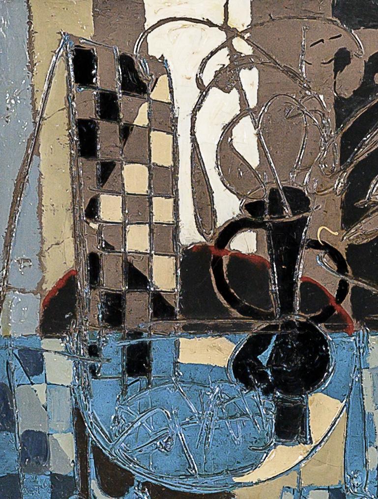'Composition Bleu' Cuadro interior abstracto en damero, azul - Still-Life Painting Gris de Claude Vénard