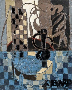 'Composition Bleu' Abstract Checkerboard Still Life interior painting, blue
