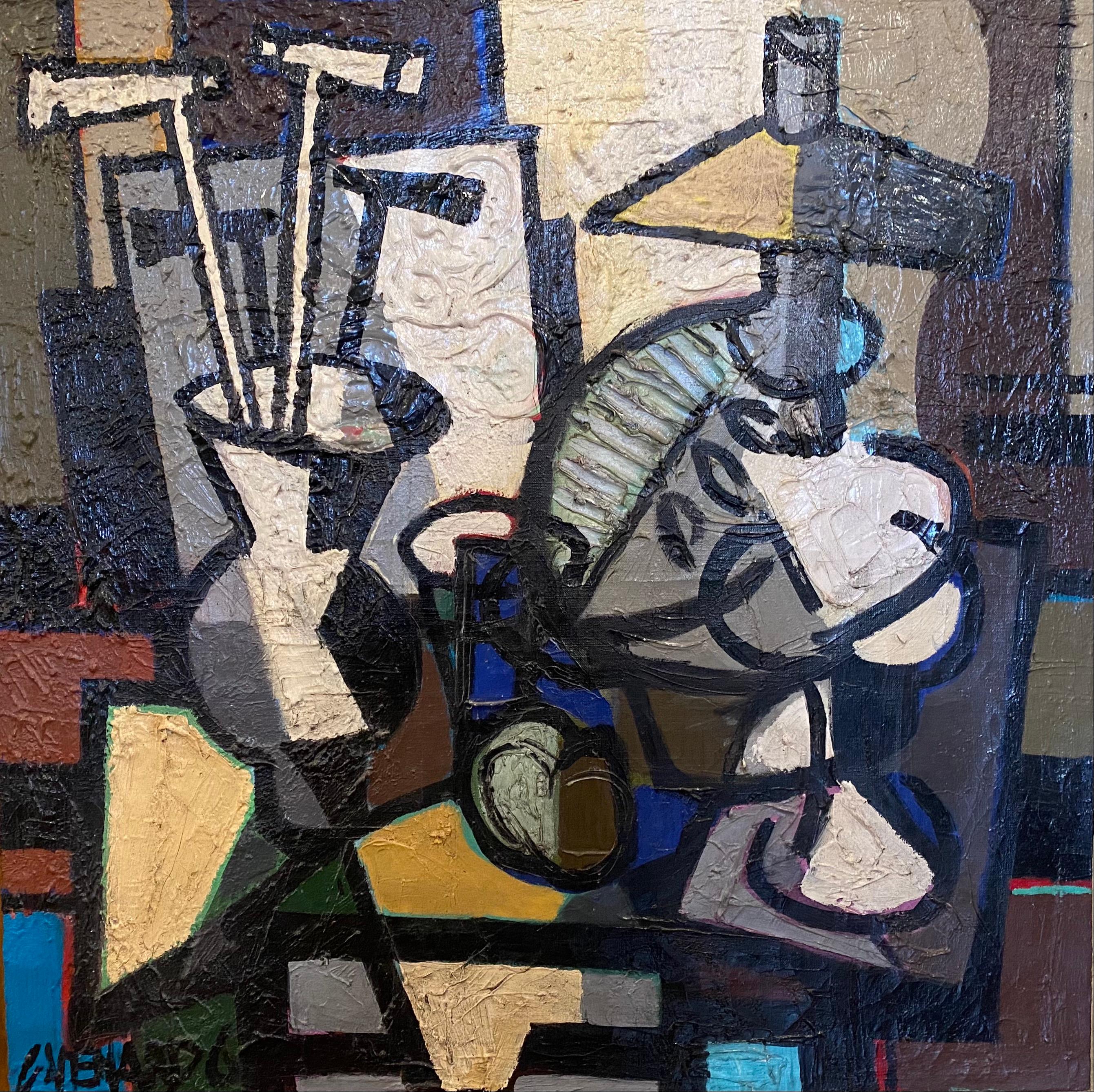 Cubist Abstract Composition 'Still Life with Desk' by Claude Venard, dark colour