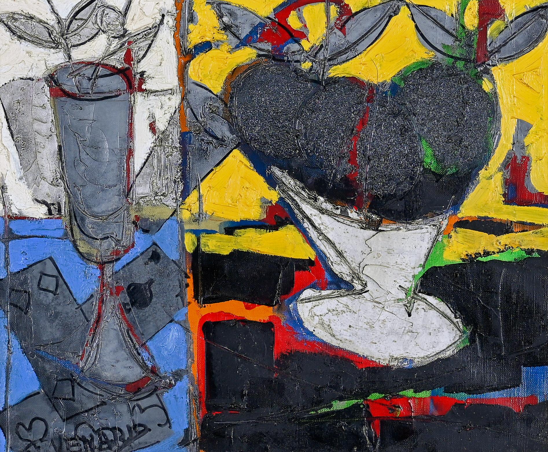 Cubist Abstract Still Life painting of glass goblet, yellow, blue, playing cards