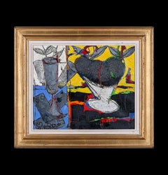 Cubist Abstract Still Life painting of glass goblet, yellow, blue, playing cards