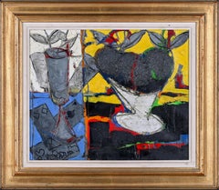 Cubist Abstract Still Life painting of glass goblet, yellow, blue, playing cards