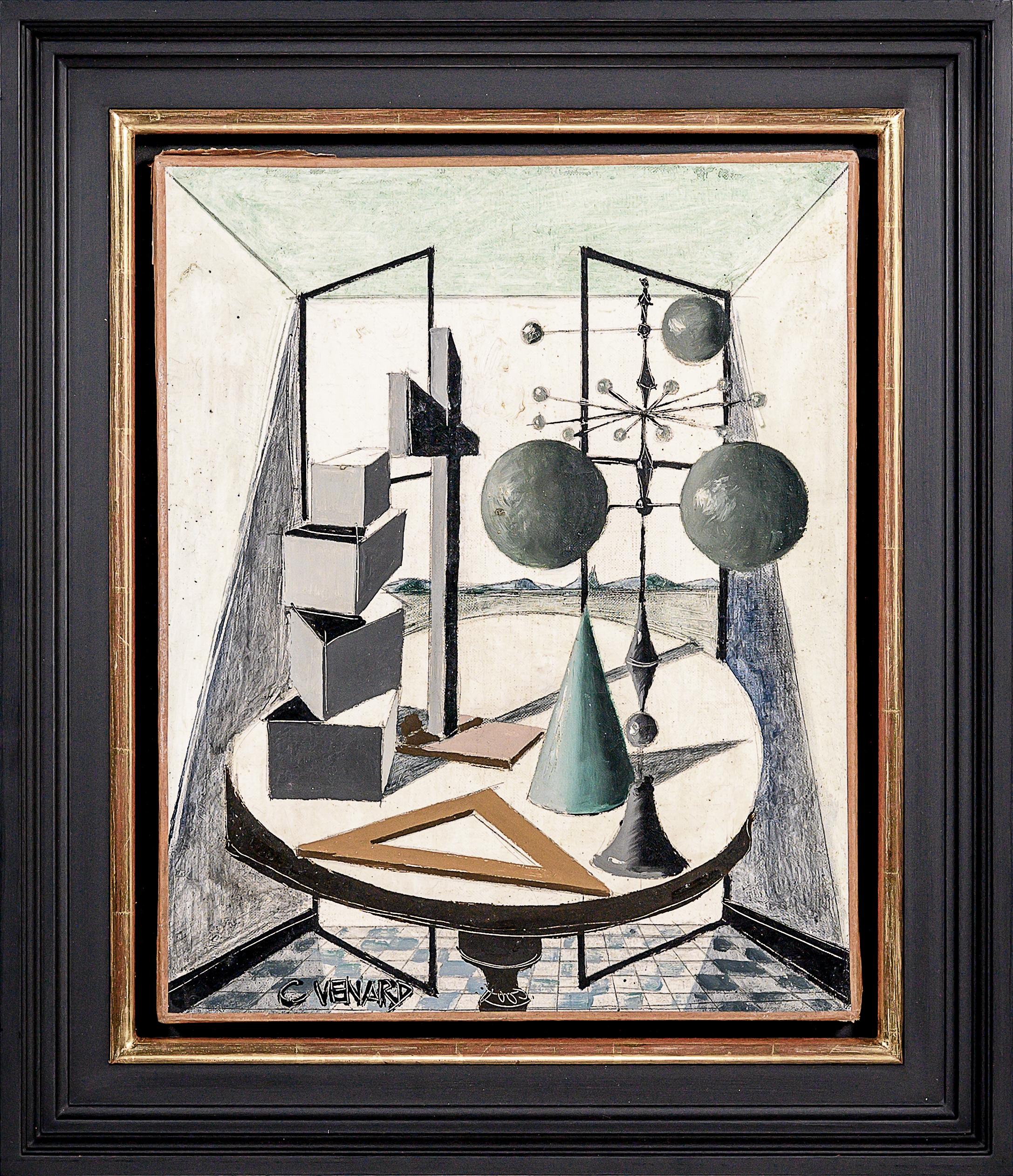 'Geometrie' Siglo XX Pintura abstracta postcubista Bodegón, instrumentos - Painting de Claude Vénard