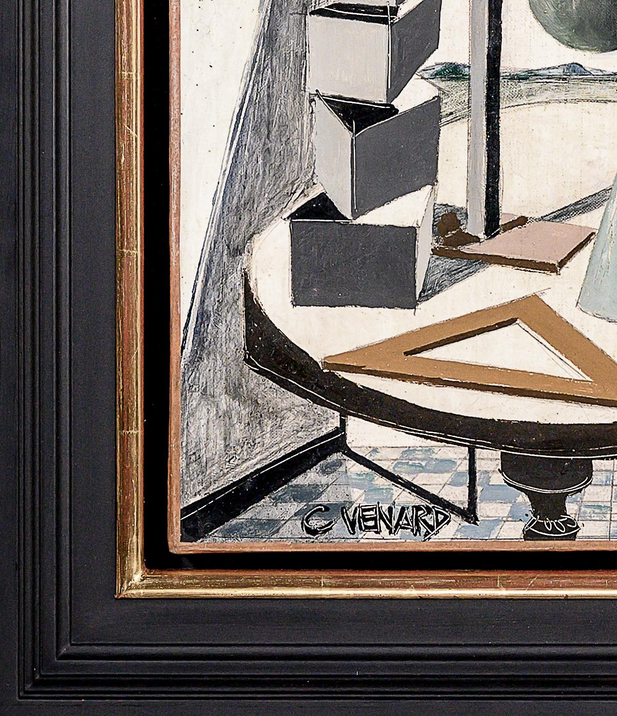'Geometrie' Siglo XX Pintura abstracta postcubista Bodegón, instrumentos - Still-Life Painting Beige de Claude Vénard