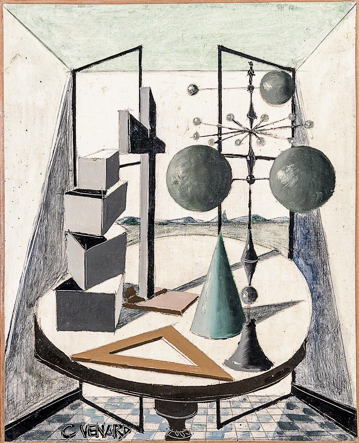 Still-Life Painting de Claude Vénard - 'Geometrie' Siglo XX Pintura abstracta postcubista Bodegón, instrumentos