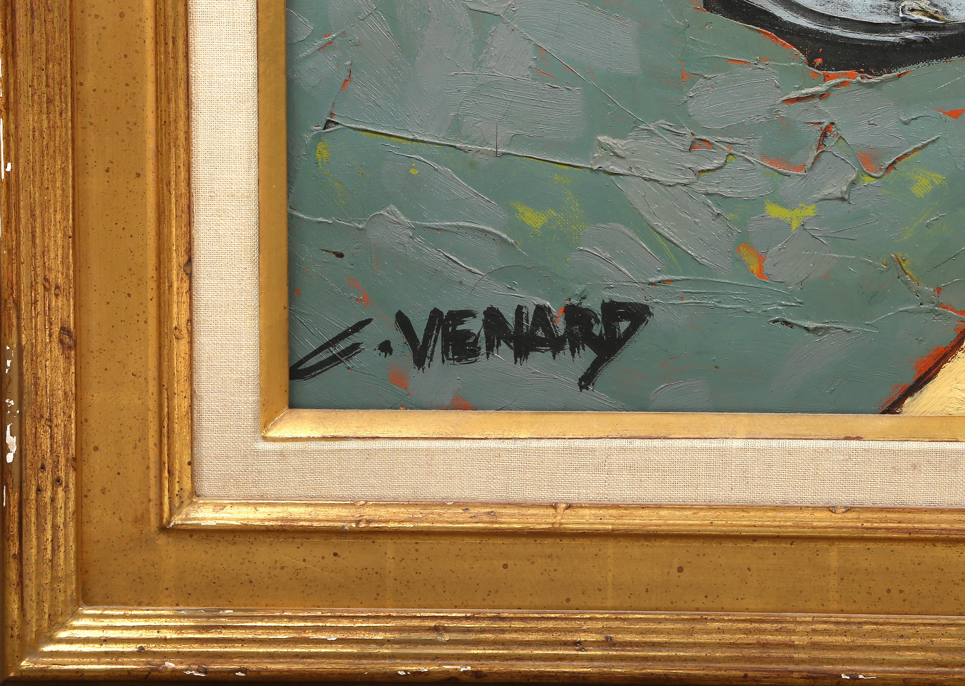 Girasole verde, dipinto cubista olio su tela di Claude Venard - Painting di Claude Vénard