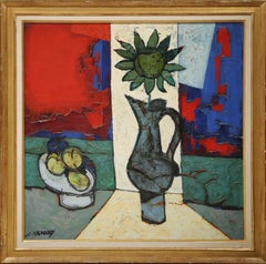 Grüne Sonnenblume, kubistisches Gemälde in Öl auf Leinwand von Claude Venard