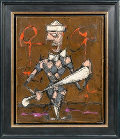 Jester 20e siècle Peinture abstraite d'un Joker, damier, blague, violet