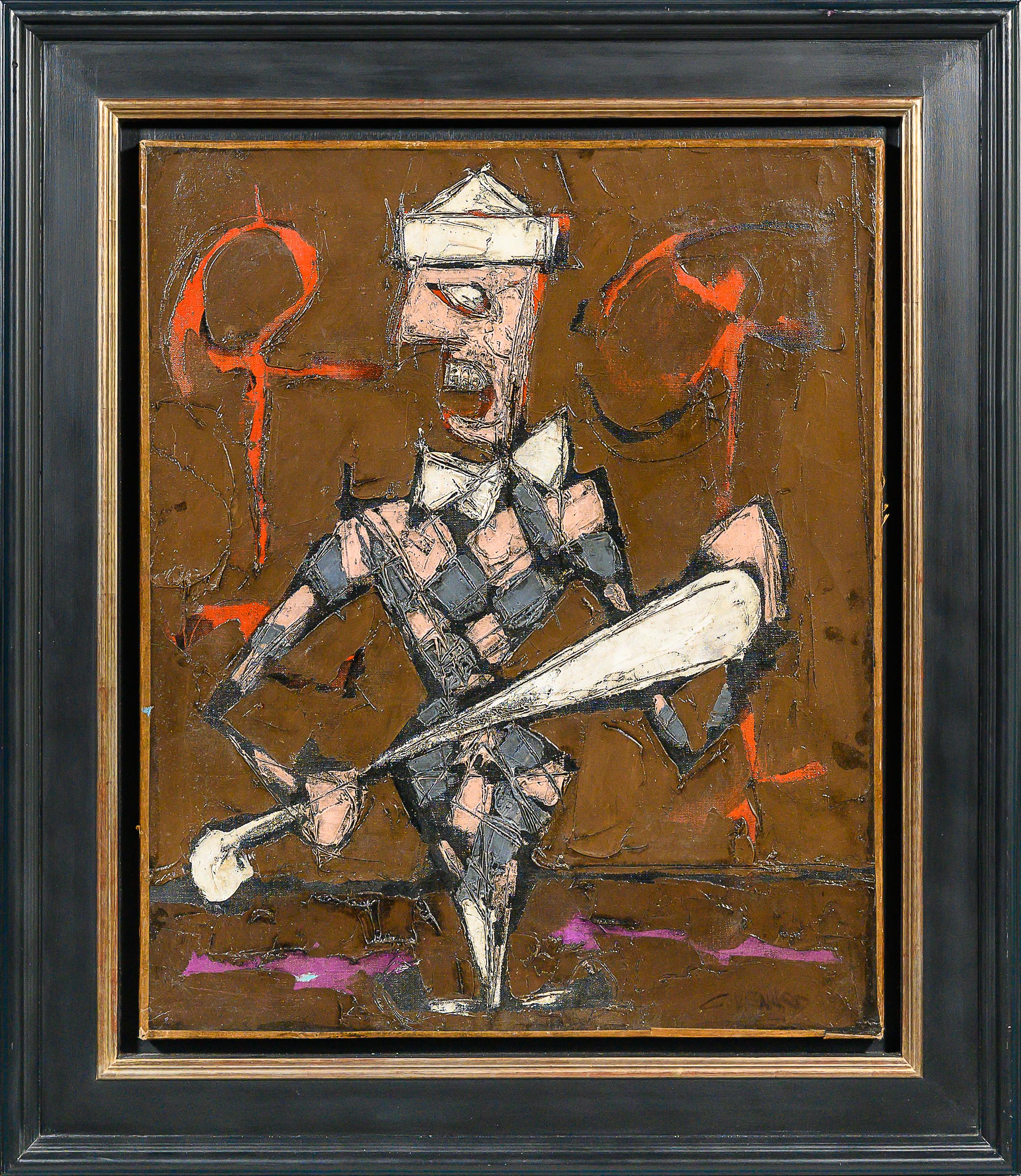 Abstraktes figuratives Gemälde „Jester“ eines Narren aus Schachbrett, maroon, rot – Painting von Claude Vénard