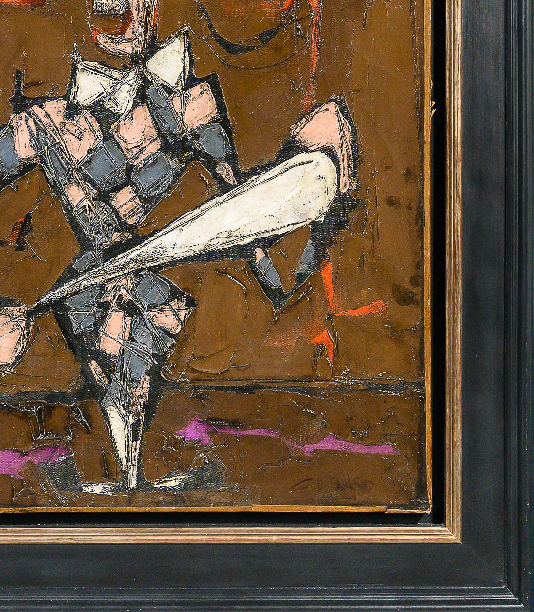 Abstraktes figuratives Gemälde „Jester“ eines Narren aus Schachbrett, maroon, rot (Braun), Figurative Painting, von Claude Vénard