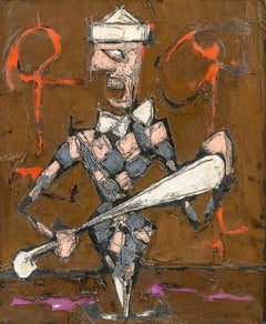 Peinture figurative abstraite d'un bouffon à damier, marron, rouge