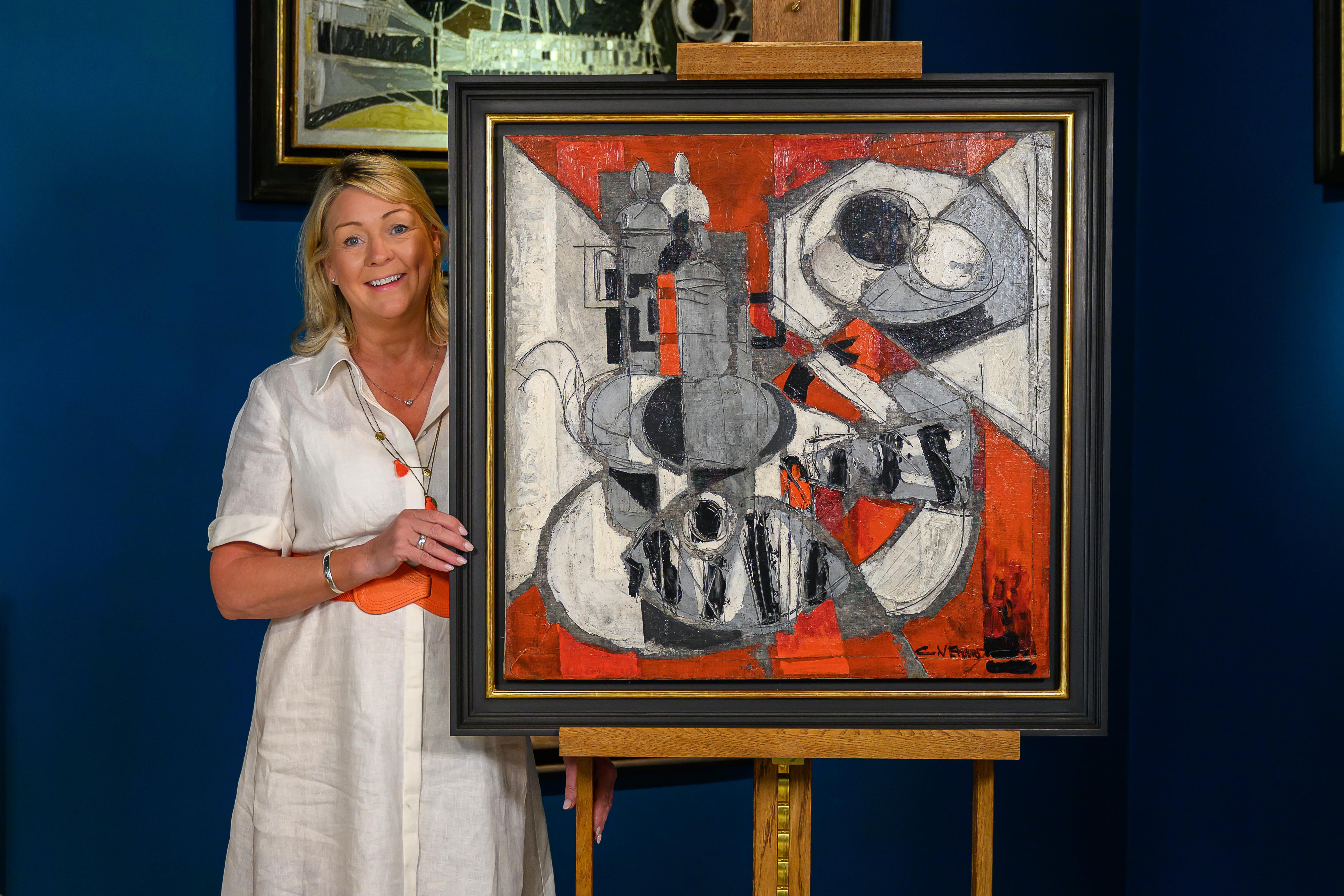 Auffälliges abstraktes Stillleben „la Cafetiere“ mit Fischmotiven in Rot und Weiß – Painting von Claude Vénard