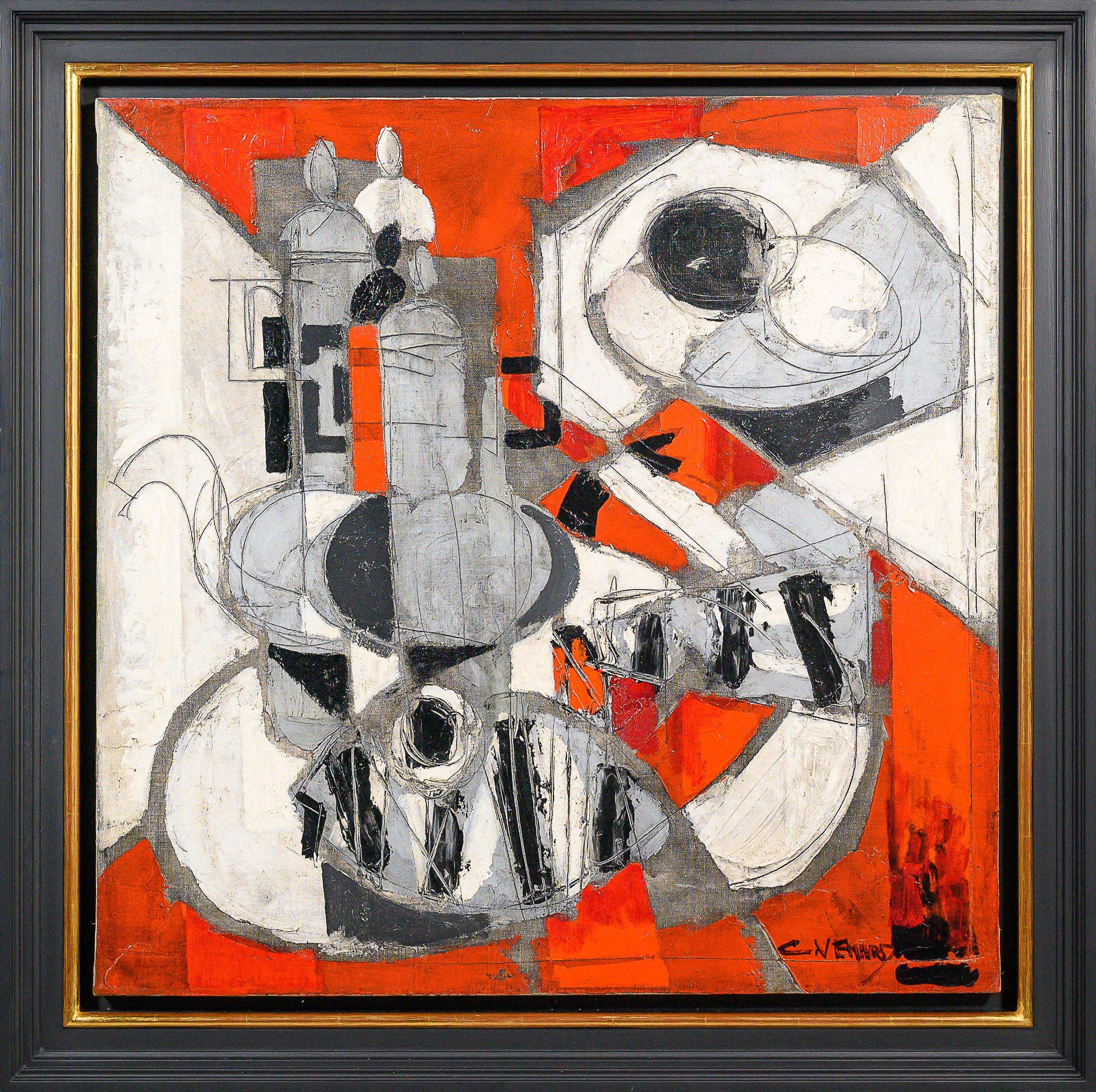 Auffälliges abstraktes Stillleben „la Cafetiere“ mit Fischmotiven in Rot und Weiß (Abstrakt), Painting, von Claude Vénard