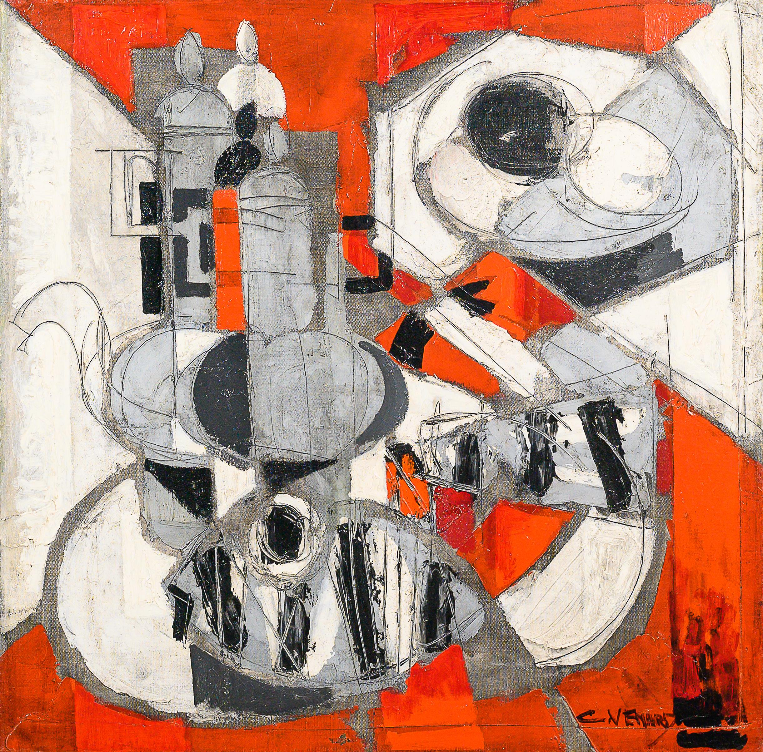 Claude Vénard Still-Life Painting – Auffälliges abstraktes Stillleben „la Cafetiere“ mit Fischmotiven in Rot und Weiß