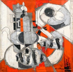'la Cafetiere' Llamativo bodegón abstracto de pescado, rojo y blanco