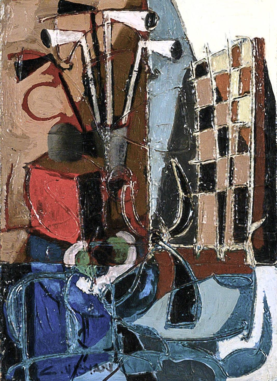 Still-Life Painting di Claude Vénard - la Damier Checkerboard, natura morta in interni, pipe fumanti, rosso, blu