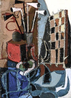 la Damier Checkerboard still life interior painting, smoking pipes, red, blue