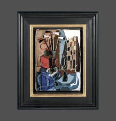 la Damier Checkerboard still life interior painting, smoking pipes, red, blue