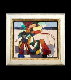 «La mujer en la playa»: cuadro abstracto y colorido de un desnudo en la playa, francés