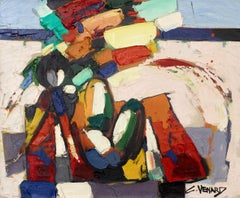 «La mujer en la playa»: cuadro abstracto y colorido de un desnudo en la playa, francés