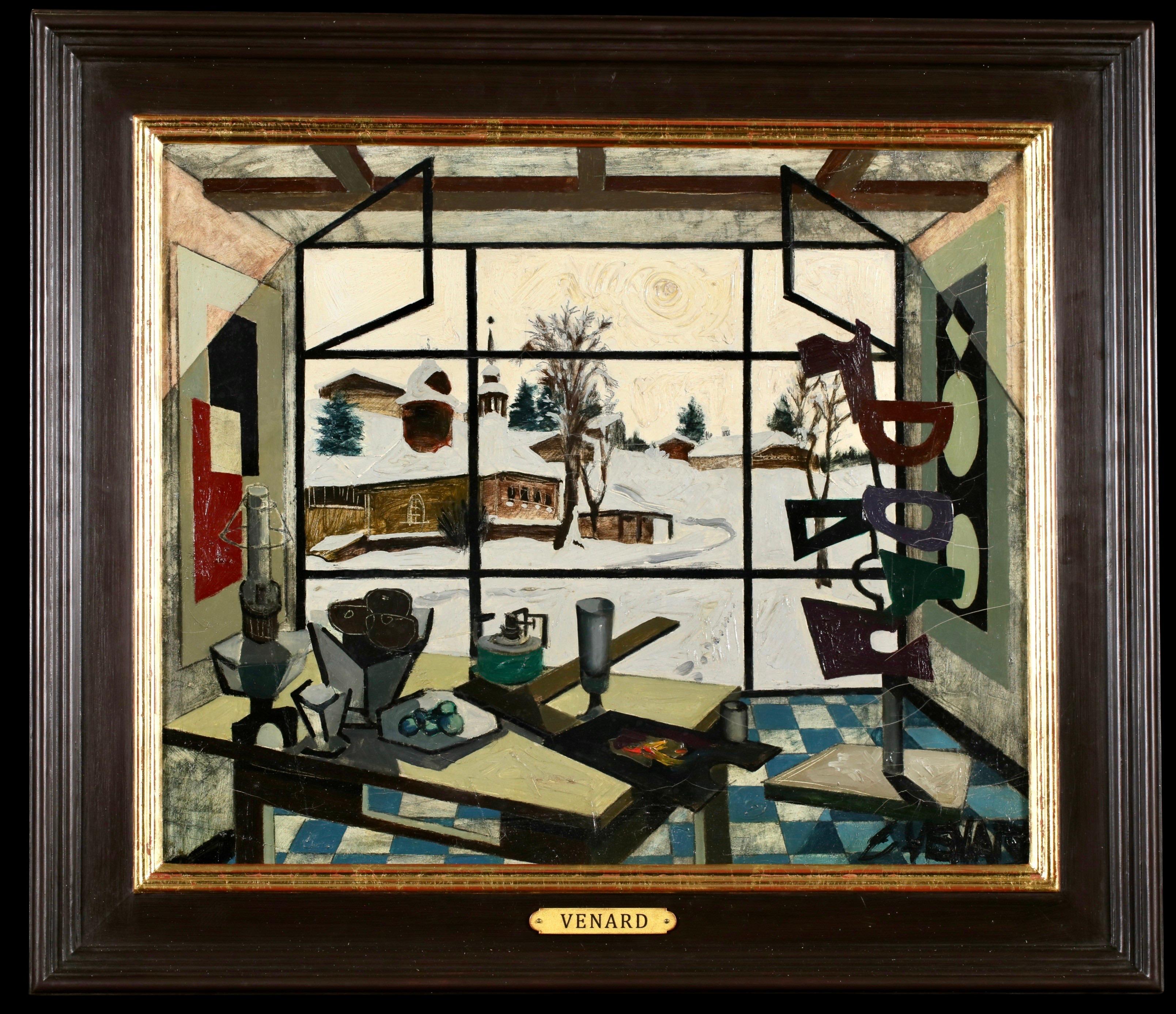 Claude Vénard Interior Painting - L'Atelier Venard en Hiver - Abstract Interior and Landscape Oil by Claude Venard