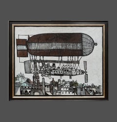 le Aeroship Abstract biplane painting, figure and Paris skyline, Eiffel tower