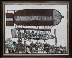 le Aeroship Abstract biplane painting, figure and Paris skyline, Eiffel tower