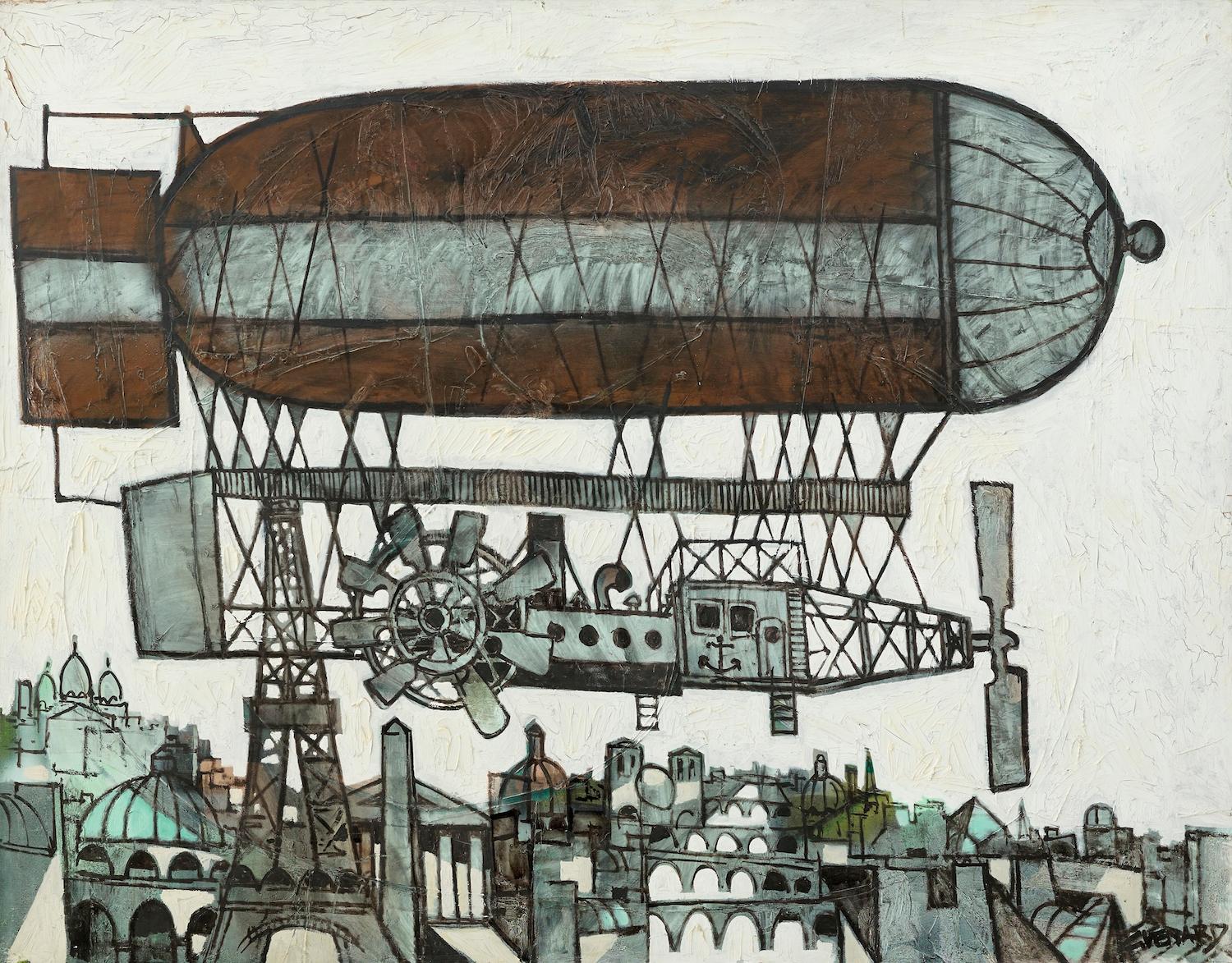 Le Aeroship' Peinture à l'huile chromatique post-cubiste, marron, gris et blanc. Le ciel de Paris