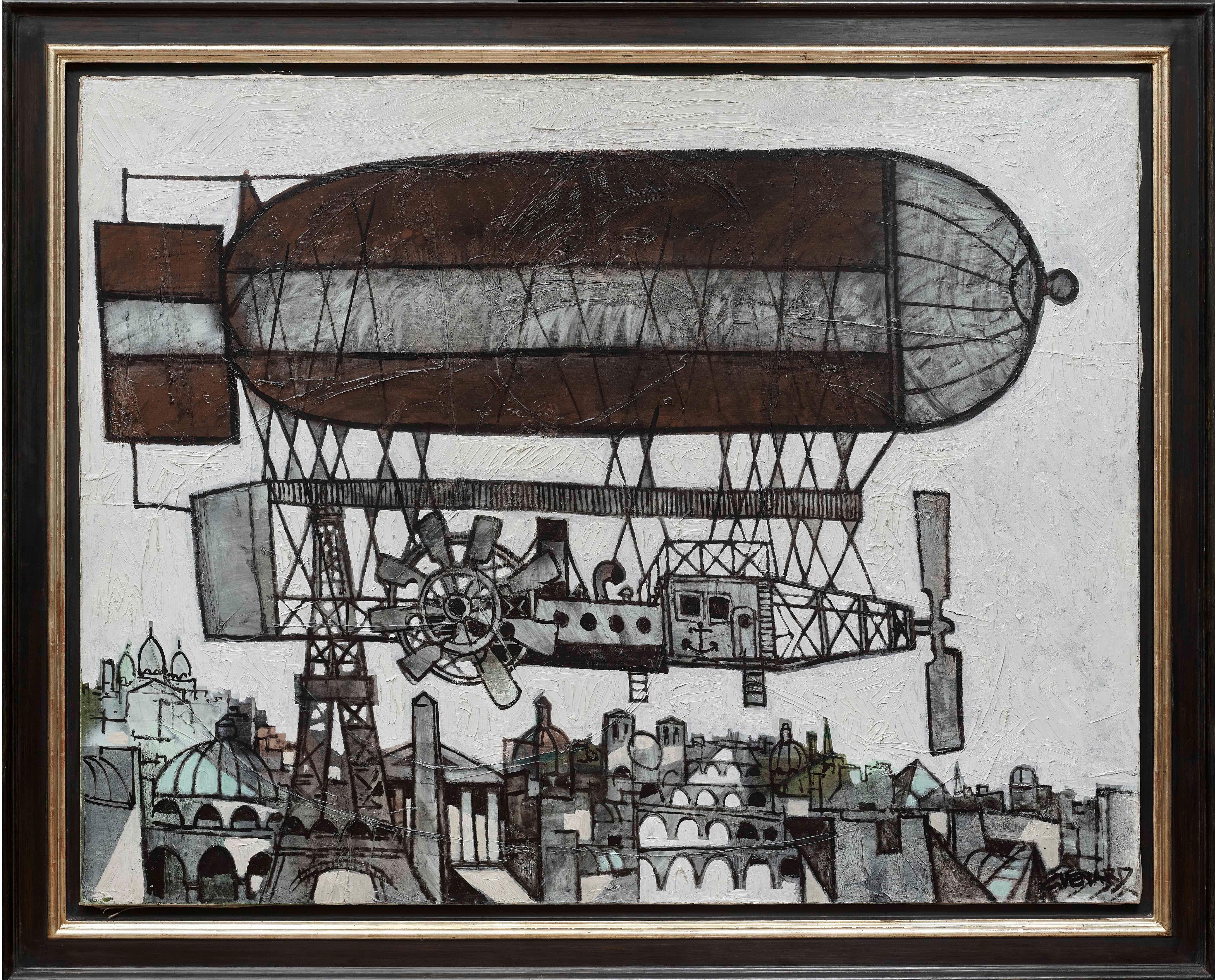 Pariser Skyline-Gemälde „le Aeroship“, Doppeldecker, Eiffelturm, Sacre Coeur, Grau – Painting von Claude Vénard