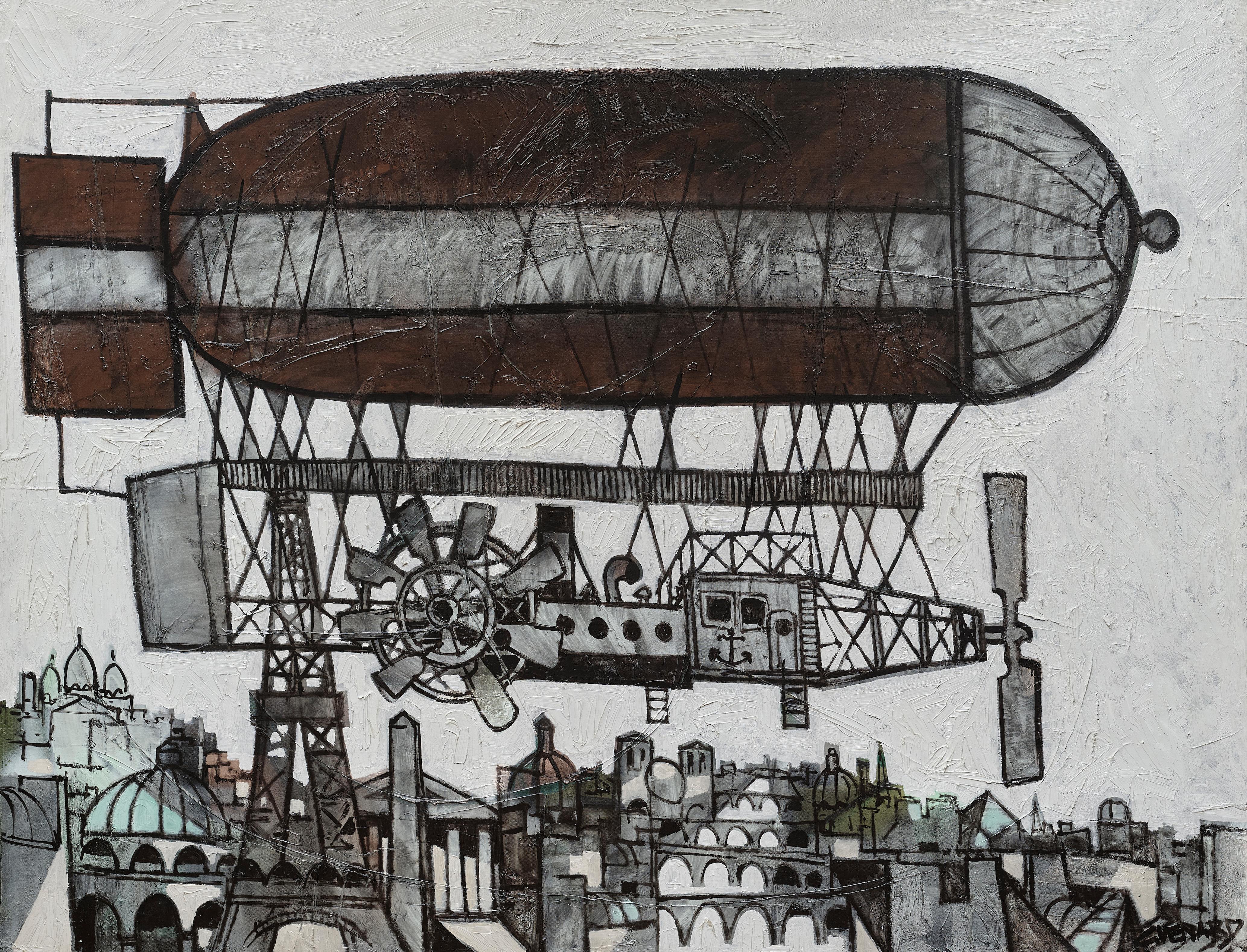 Claude Vénard Landscape Painting – Pariser Skyline-Gemälde „le Aeroship“, Doppeldecker, Eiffelturm, Sacre Coeur, Grau