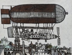 Peinture de la ligne d'horizon de Paris, biplan, Tour Eiffel, Sacre Coeur, gris
