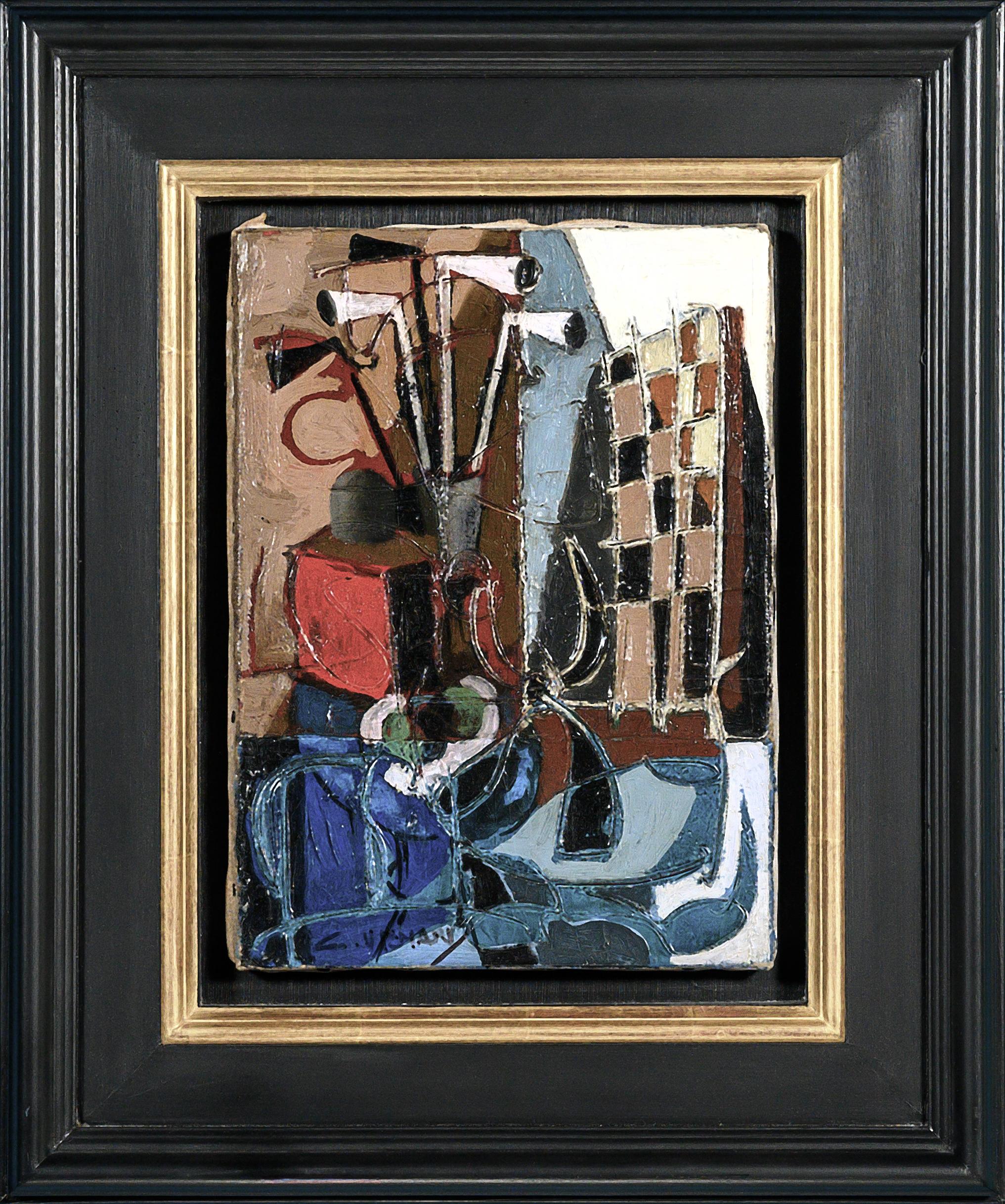 'le Damier' Abstract Still Life interior Painting, checkerboard, blue, red - Black Abstract Painting by Claude Vénard